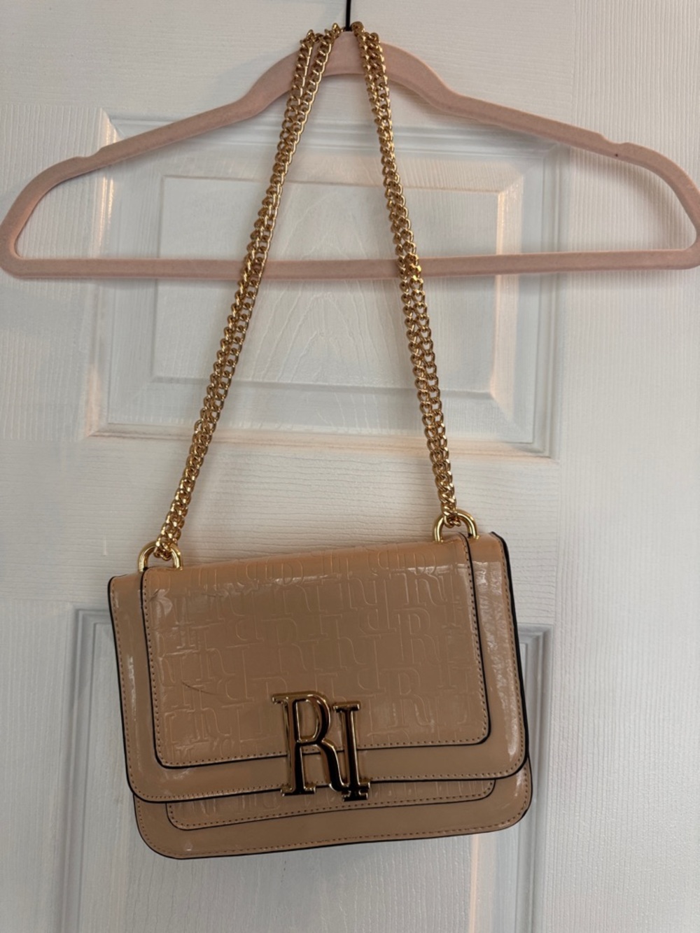 River Island Beige Patent Leather Shoulder Bag with Gold Chain